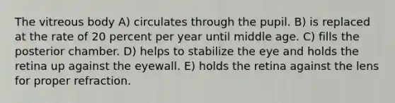 The vitreous body A) circulates through the pupil. B) is replaced at the rate of 20 percent per year until middle age. C) fills the posterior chamber. D) helps to stabilize the eye and holds the retina up against the eyewall. E) holds the retina against the lens for proper refraction.