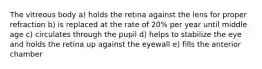 The vitreous body a) holds the retina against the lens for proper refraction b) is replaced at the rate of 20% per year until middle age c) circulates through the pupil d) helps to stabilize the eye and holds the retina up against the eyewall e) fills the anterior chamber