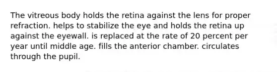 The vitreous body holds the retina against the lens for proper refraction. helps to stabilize the eye and holds the retina up against the eyewall. is replaced at the rate of 20 percent per year until middle age. fills the anterior chamber. circulates through the pupil.