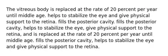 The vitreous body is replaced at the rate of 20 percent per year until middle age. helps to stabilize the eye and give physical support to the retina. fills the posterior cavity. fills the posterior cavity, helps to stabilize the eye, give physical support to the retina, and is replaced at the rate of 20 percent per year until middle age. fills the posterior cavity, helps to stabilize the eye and give physical support to the retina.