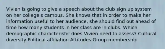 Vivien is going to give a speech about the club sign up system on her college's campus. She knows that in order to make her information useful to her audience, she should find out ahead of time how many students in her class are in clubs. Which demographic characteristic does Vivien need to assess? Cultural diversity Political affiliation Attitudes Group membership