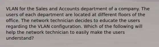 VLAN for the Sales and Accounts department of a company. The users of each department are located at different floors of the office. The network technician decides to educate the users regarding the VLAN configuration. Which of the following will help the network technician to easily make the users understand?