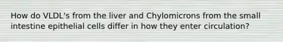 How do VLDL's from the liver and Chylomicrons from the small intestine epithelial cells differ in how they enter circulation?