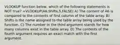 VLOOKUP function below, which of the following statements is NOT true? =VLOOKUP(A6,Shifts,5,FALSE) A) The content of A6 is compared to the contents of first column of the table array. B) Shifts is the name assigned to the table array being used by the function. C) The number in the third argument stands for how many columns exist in the table array. D) The contents of the fourth argument requires an exact match with the first argument.