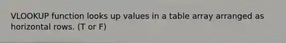 VLOOKUP function looks up values in a table array arranged as horizontal rows. (T or F)