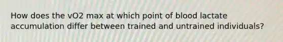 How does the vO2 max at which point of blood lactate accumulation differ between trained and untrained individuals?