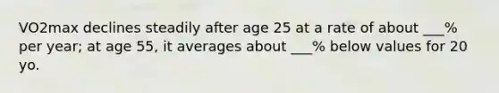 VO2max declines steadily after age 25 at a rate of about ___% per year; at age 55, it averages about ___% below values for 20 yo.