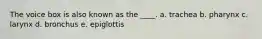 The voice box is also known as the ____.​ a. ​trachea b. ​pharynx c. ​larynx d. ​bronchus e. epiglottis​