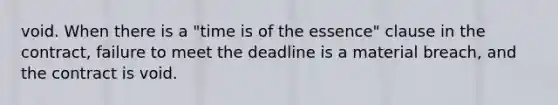 void. When there is a "time is of the essence" clause in the contract, failure to meet the deadline is a material breach, and the contract is void.