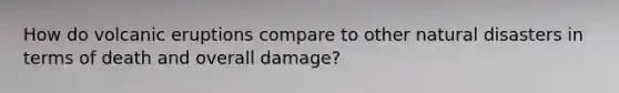 How do volcanic eruptions compare to other natural disasters in terms of death and overall damage?