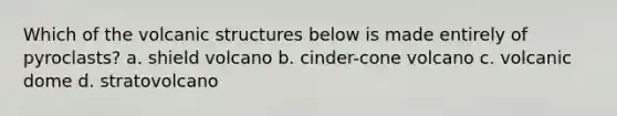 Which of the volcanic structures below is made entirely of pyroclasts? a. shield volcano b. cinder-cone volcano c. volcanic dome d. stratovolcano