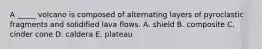 A _____ volcano is composed of alternating layers of pyroclastic fragments and solidified lava flows. A. shield B. composite C. cinder cone D. caldera E. plateau