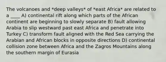 The volcanoes and *deep valleys* of *east Africa* are related to a ____ A) continental rift along which parts of the African continent are beginning to slowly separate B) fault allowing Arabia to slip westward past east Africa and penetrate into Turkey C) transform fault aligned with the Red Sea carrying the Arabian and African blocks in opposite directions D) continental collision zone between Africa and the Zagros Mountains along the southern margin of Eurasia