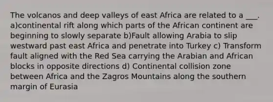 The volcanos and deep valleys of east Africa are related to a ___. a)continental rift along which parts of the African continent are beginning to slowly separate b)Fault allowing Arabia to slip westward past east Africa and penetrate into Turkey c) Transform fault aligned with the Red Sea carrying the Arabian and African blocks in opposite directions d) Continental collision zone between Africa and the Zagros Mountains along the southern margin of Eurasia