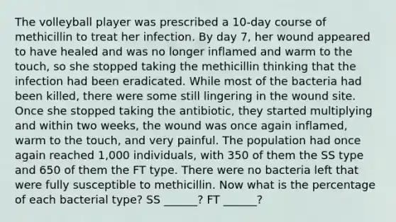 The volleyball player was prescribed a 10-day course of methicillin to treat her infection. By day 7, her wound appeared to have healed and was no longer inflamed and warm to the touch, so she stopped taking the methicillin thinking that the infection had been eradicated. While most of the bacteria had been killed, there were some still lingering in the wound site. Once she stopped taking the antibiotic, they started multiplying and within two weeks, the wound was once again inflamed, warm to the touch, and very painful. The population had once again reached 1,000 individuals, with 350 of them the SS type and 650 of them the FT type. There were no bacteria left that were fully susceptible to methicillin. Now what is the percentage of each bacterial type? SS ______? FT ______?