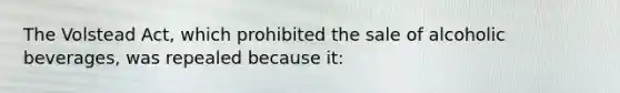 The Volstead Act, which prohibited the sale of alcoholic beverages, was repealed because it: