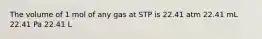 The volume of 1 mol of any gas at STP is 22.41 atm 22.41 mL 22.41 Pa 22.41 L