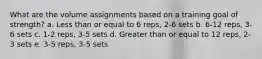 What are the volume assignments based on a training goal of strength? a. Less than or equal to 6 reps, 2-6 sets b. 6-12 reps, 3-6 sets c. 1-2 reps, 3-5 sets d. Greater than or equal to 12 reps, 2-3 sets e. 3-5 reps, 3-5 sets