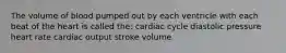 The volume of blood pumped out by each ventricle with each beat of the heart is called the: cardiac cycle diastolic pressure heart rate cardiac output stroke volume