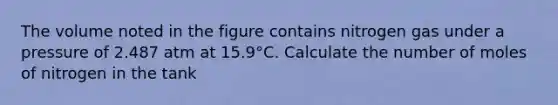 The volume noted in the figure contains nitrogen gas under a pressure of 2.487 atm at 15.9°C. Calculate the number of moles of nitrogen in the tank