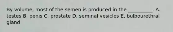 By volume, most of the semen is produced in the __________. A. testes B. penis C. prostate D. seminal vesicles E. bulbourethral gland