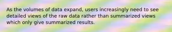 As the volumes of data expand, users increasingly need to see detailed views of the raw data rather than summarized views which only give summarized results.