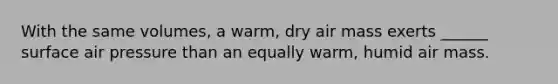 With the same volumes, a warm, dry air mass exerts ______ surface air pressure than an equally warm, humid air mass.