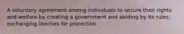 A voluntary agreement among individuals to secure their rights and welfare by creating a government and abiding by its rules; exchanging liberties for protection