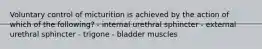 Voluntary control of micturition is achieved by the action of which of the following? - internal urethral sphincter - external urethral sphincter - trigone - bladder muscles