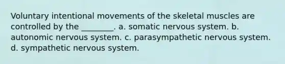 Voluntary intentional movements of the skeletal muscles are controlled by the ________. a. somatic nervous system. b. autonomic nervous system. c. parasympathetic nervous system. d. sympathetic nervous system.