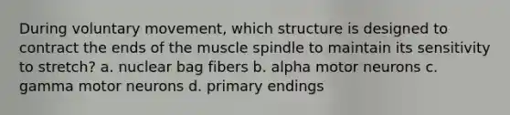 During voluntary movement, which structure is designed to contract the ends of the muscle spindle to maintain its sensitivity to stretch? a. nuclear bag fibers b. alpha motor neurons c. gamma motor neurons d. primary endings