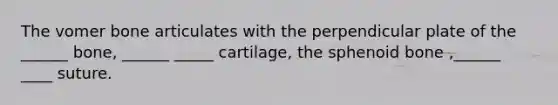 The vomer bone articulates with the perpendicular plate of the ______ bone, ______ _____ cartilage, the sphenoid bone ,______ ____ suture.