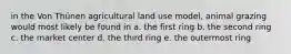 in the Von Thünen agricultural land use model, animal grazing would most likely be found in a. the first ring b. the second ring c. the market center d. the third ring e. the outermost ring