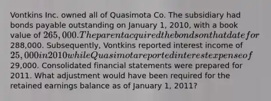 Vontkins Inc. owned all of Quasimota Co. The subsidiary had bonds payable outstanding on January 1, 2010, with a book value of 265,000. The parent acquired the bonds on that date for288,000. Subsequently, Vontkins reported interest income of 25,000 in 2010 while Quasimota reported interest expense of29,000. Consolidated financial statements were prepared for 2011. What adjustment would have been required for the retained earnings balance as of January 1, 2011?