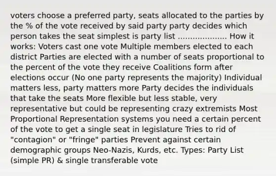 voters choose a preferred party, seats allocated to the parties by the % of the vote received by said party party decides which person takes the seat simplest is party list .................... How it works: Voters cast one vote Multiple members elected to each district Parties are elected with a number of seats proportional to the percent of the vote they receive Coalitions form after elections occur (No one party represents the majority) Individual matters less, party matters more Party decides the individuals that take the seats More flexible but less stable, very representative but could be representing crazy extremists Most Proportional Representation systems you need a certain percent of the vote to get a single seat in legislature Tries to rid of "contagion" or "fringe" parties Prevent against certain demographic groups Neo-Nazis, Kurds, etc. Types: Party List (simple PR) & single transferable vote