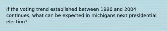 If the voting trend established between 1996 and 2004 continues, what can be expected in michigans next presidential election?
