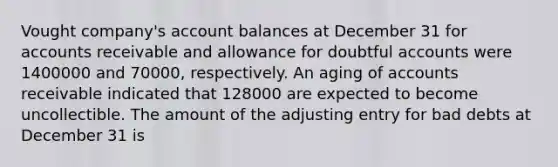 Vought company's account balances at December 31 for accounts receivable and allowance for doubtful accounts were 1400000 and 70000, respectively. An aging of accounts receivable indicated that 128000 are expected to become uncollectible. The amount of the adjusting entry for bad debts at December 31 is