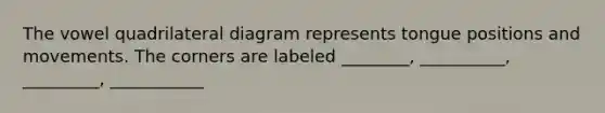 The vowel quadrilateral diagram represents tongue positions and movements. The corners are labeled ________, __________, _________, ___________