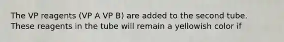 The VP reagents (VP A VP B) are added to the second tube. These reagents in the tube will remain a yellowish color if