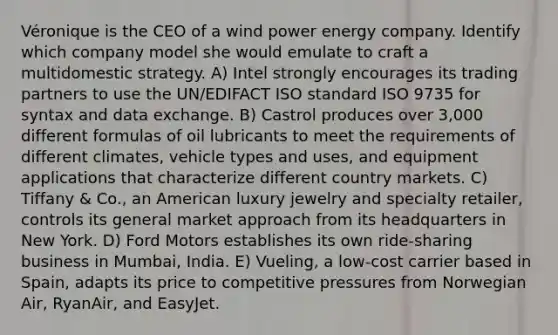 Véronique is the CEO of a wind power energy company. Identify which company model she would emulate to craft a multidomestic strategy. A) Intel strongly encourages its trading partners to use the UN/EDIFACT ISO standard ISO 9735 for syntax and data exchange. B) Castrol produces over 3,000 different formulas of oil lubricants to meet the requirements of different climates, vehicle types and uses, and equipment applications that characterize different country markets. C) Tiffany & Co., an American luxury jewelry and specialty retailer, controls its general market approach from its headquarters in New York. D) Ford Motors establishes its own ride-sharing business in Mumbai, India. E) Vueling, a low-cost carrier based in Spain, adapts its price to competitive pressures from Norwegian Air, RyanAir, and EasyJet.