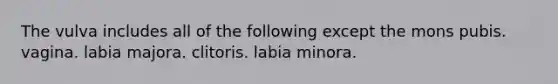 The vulva includes all of the following except the mons pubis. vagina. labia majora. clitoris. labia minora.