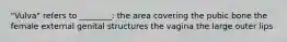 "Vulva" refers to ________: the area covering the pubic bone the female external genital structures the vagina the large outer lips