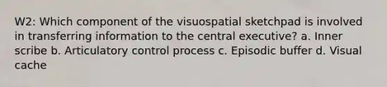 W2: Which component of the visuospatial sketchpad is involved in transferring information to the central executive? a. Inner scribe b. Articulatory control process c. Episodic buffer d. Visual cache