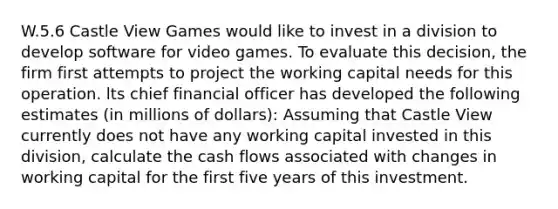 W.5.6 Castle View Games would like to invest in a division to develop software for video games. To evaluate this decision, the firm first attempts to project the working capital needs for this operation. lts chief financial officer has developed the following estimates (in millions of dollars): Assuming that Castle View currently does not have any working capital invested in this division, calculate the cash flows associated with changes in working capital for the first five years of this investment.