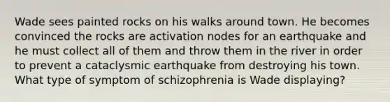 Wade sees painted rocks on his walks around town. He becomes convinced the rocks are activation nodes for an earthquake and he must collect all of them and throw them in the river in order to prevent a cataclysmic earthquake from destroying his town. What type of symptom of schizophrenia is Wade displaying?