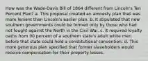 How was the Wade-Davis Bill of 1864 different from Lincoln's Ten Percent Plan? a. This proposal created an amnesty plan that was more lenient than Lincoln's earlier plan. b. It stipulated that new southern governments could be formed only by those who had not fought against the North in the Civil War. c. It required loyalty oaths from 90 percent of a southern state's adult white men before that state could hold a constitutional convention. d. This more generous plan specified that former slaveholders would receive compensation for their property losses.