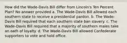 How did the Wade-Davis Bill differ from Lincoln's Ten Percent Plan? No answer provided a. The Wade-Davis Bill allowed each southern state to receive a presidential pardon. b. The Wade-Davis Bill required that each southern state ban slavery. c. The Wade-Davis Bill required that a majority of southern males take an oath of loyalty. d. The Wade-Davis Bill allowed Confederate supporters to vote and hold office.