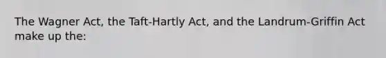 The Wagner Act, the Taft-Hartly Act, and the Landrum-Griffin Act make up the: