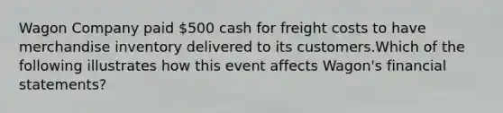 Wagon Company paid 500 cash for freight costs to have merchandise inventory delivered to its customers.Which of the following illustrates how this event affects Wagon's financial statements?