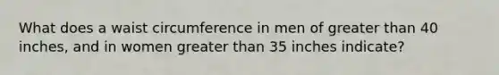 What does a waist circumference in men of greater than 40 inches, and in women greater than 35 inches indicate?